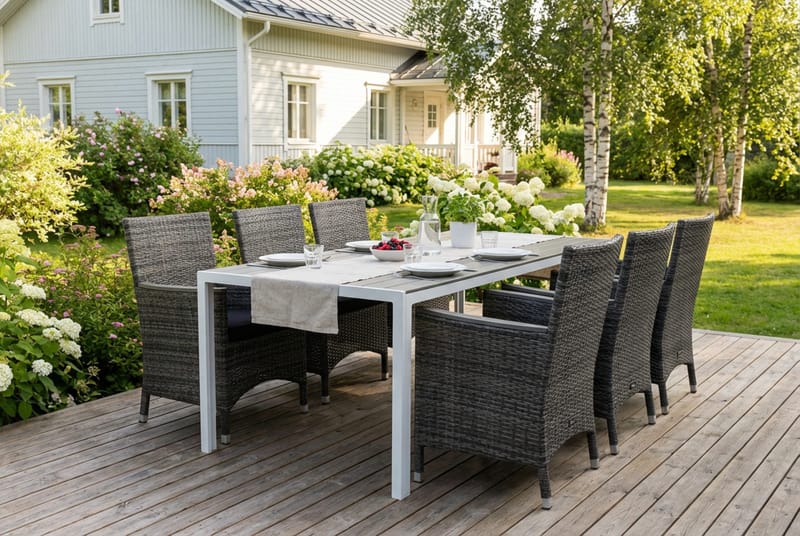 Tunis Matgrupp Utomhus 205 + 6 Thor Fåtölj Lyx m Armstöd m Dyna - Vit/Grå/Aintwood/Svart - Utemöbler - Utegrupp - Matgrupp utomhus