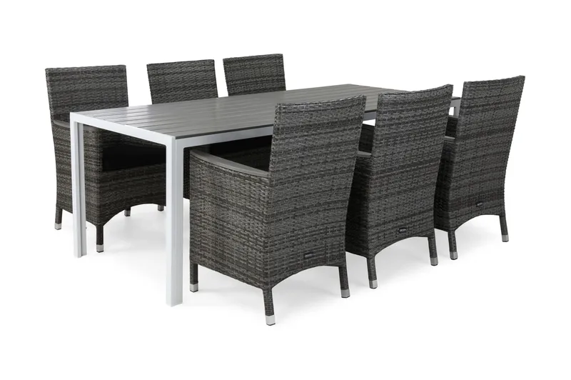 Tunis Matgrupp Utomhus 205 + 6 Thor Fåtölj Lyx m Armstöd m Dyna, Vit/Grå/Aintwood/Svart