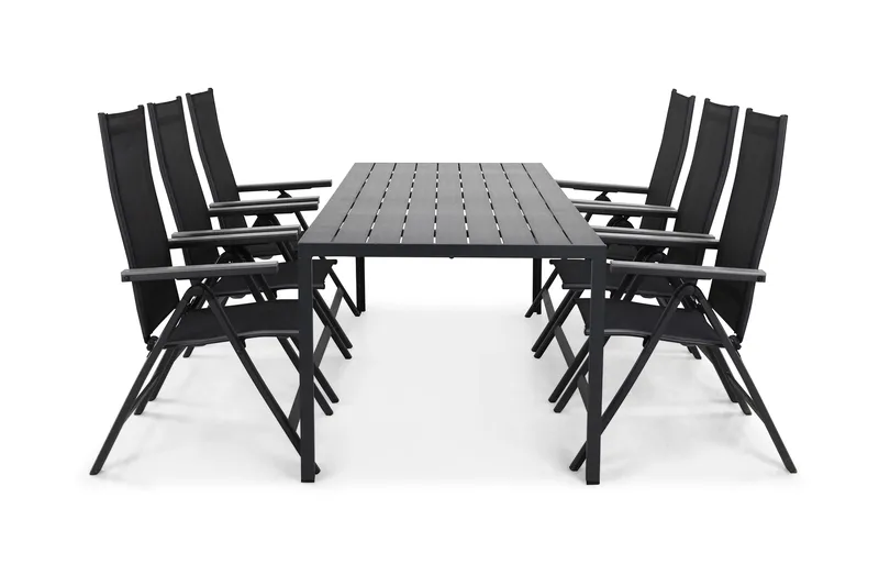 Tunis Matgrupp Utomhus 205x90 cm + 6 Monaco Positionsstol, Svart/Grå