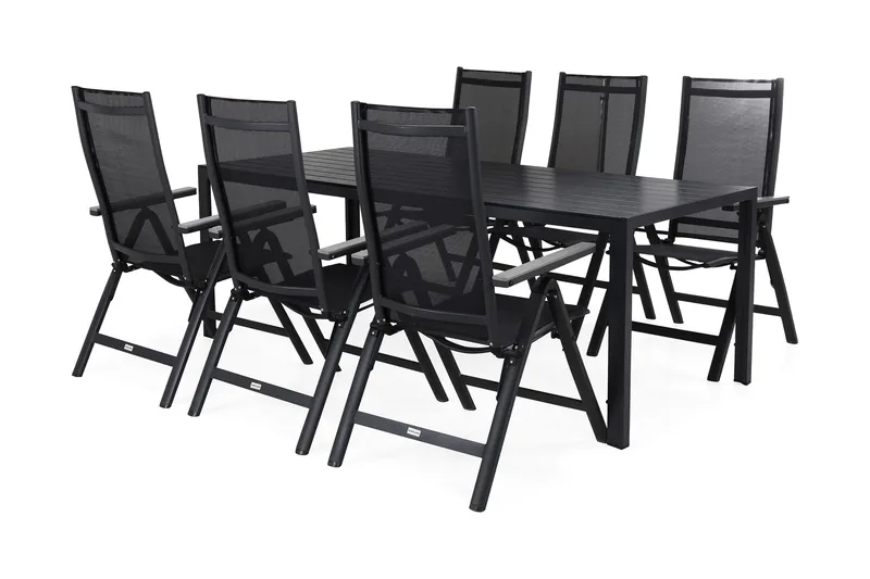 Tunis Matgrupp Utomhus 205x90 cm + 6 Monaco Positionsstol - Svart/Grå - Utemöbler - Utegrupp - Matgrupp utomhus