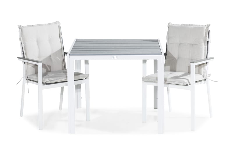 Tunis Matgrupp Utomhus 90x90 + 2 Tunis Stapelstol m Dyna, Vit/Grå/Offwhite