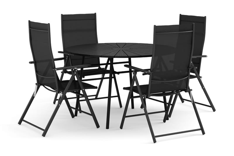 Tunis utomhus rund matgrupp 120 cm med 4 positionsstolar - Svart/Svart - Utemöbler - Utegrupp - Matgrupp utomhus