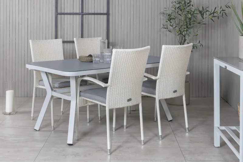 Virya Matgrupp Utomhus 160cm + 4 Anna Matstolar - Vit/Grå - Utemöbler - Utegrupp - Matgrupp utomhus