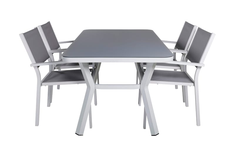 Virya Matgrupp Utomhus 160cm + 4 Copacabana Stapelbara Matstolar, Vit/Grå