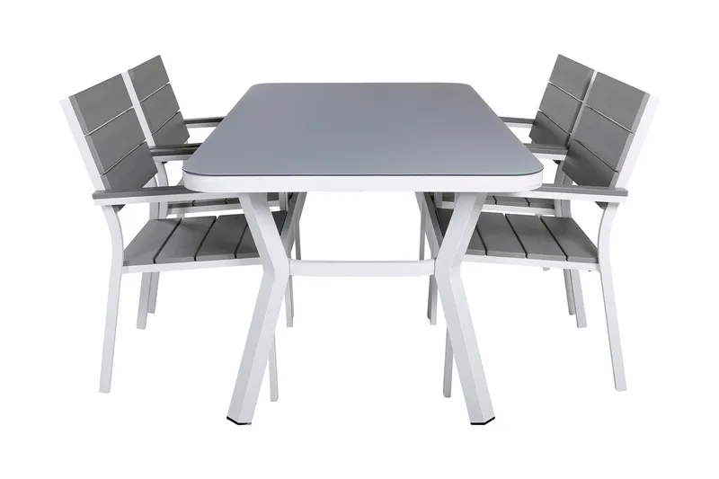 Virya Matgrupp Utomhus 160cm + 4 Levels Stapelbara Matstolar, Vit/Grå