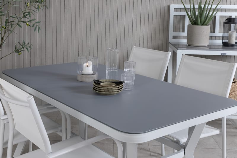 Virya Matgrupp Utomhus 160cm + 4 Santorini Karmstolar - Vit/Grå - Utemöbler - Utegrupp - Matgrupp utomhus