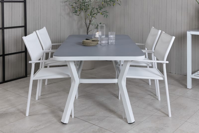 Virya Matgrupp Utomhus 160cm + 4 Santorini Karmstolar - Vit/Grå - Utemöbler - Utegrupp - Matgrupp utomhus