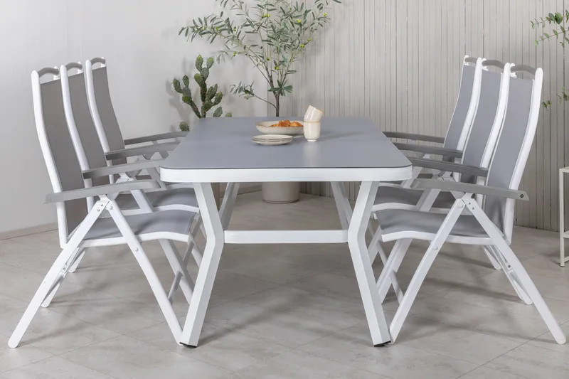 Virya Matgrupp Utomhus 200cm + 6 Albany Positionsstolar - Vit/Grå - Utemöbler - Utegrupp - Matgrupp utomhus