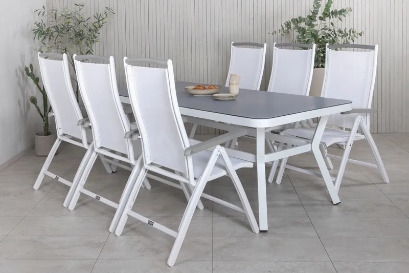 Virya Matgrupp Utomhus 200cm + 6 Albany Positionsstolar - Vit/Grå - Utemöbler - Utegrupp - Matgrupp utomhus