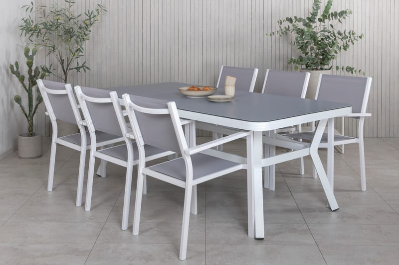 Virya Matgrupp Utomhus 200cm + 6 Copacabana Stapelbara Matstolar Utomhus Vit - Venture Home - Utemöbler - Utegrupp - Matgrupp utomhus