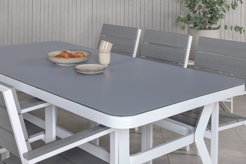 Virya Matgrupp Utomhus 200cm + 6 Levels Stapelbara Matstolar - Vit/Grå - Utemöbler - Utegrupp - Matgrupp utomhus