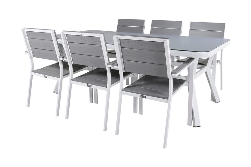 Virya Matgrupp Utomhus 200cm + 6 Levels Stapelbara Matstolar - Vit/Grå - Utemöbler - Utegrupp - Matgrupp utomhus