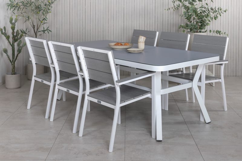 Virya Matgrupp Utomhus 200cm + 6 Levels Stapelbara Matstolar - Vit/Grå - Utemöbler - Utegrupp - Matgrupp utomhus