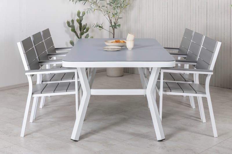 Virya Matgrupp Utomhus 200cm + 6 Levels Stapelbara Matstolar - Vit/Grå - Utemöbler - Utegrupp - Matgrupp utomhus