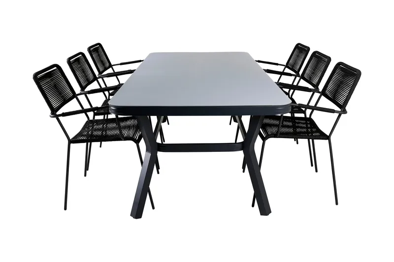 Virya Matgrupp Utomhus 200cm + 6 Lindos Karmstolar, Svart/Grå