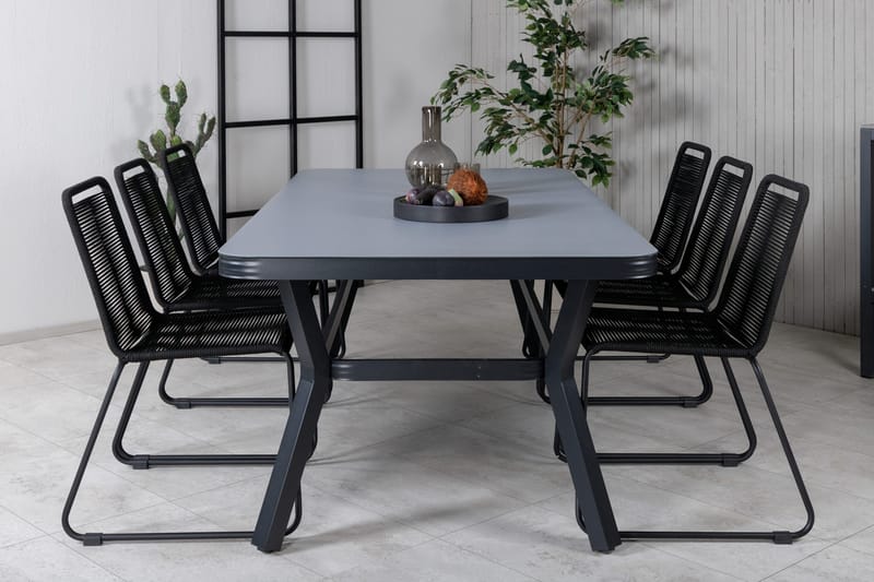 Virya Matgrupp Utomhus 200cm + 6 Lindos Stapelbara Matstolar - Brun/Vit - Utemöbler - Utegrupp - Matgrupp utomhus