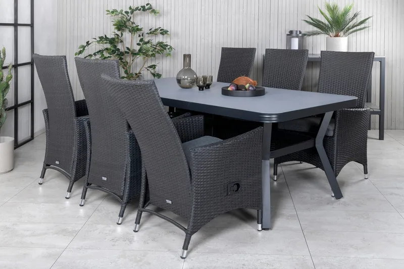 Virya Matgrupp Utomhus 200cm + 6 Padova Reclinerstolar - Svart - Utemöbler - Utegrupp - Matgrupp utomhus