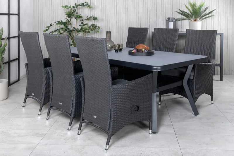 Virya Matgrupp Utomhus 200cm + 6 Padova Reclinerstolar - Svart - Utemöbler - Utegrupp - Matgrupp utomhus