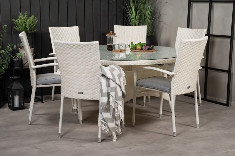 Volta Matgrupp Utomhus Rund Ø150cm + 6 Anna Karmstolar - Glas/Vit - Utemöbler - Utegrupp - Matgrupp utomhus