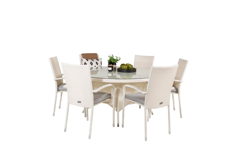 Volta Matgrupp Utomhus Rund Ø150cm + 6 Anna Karmstolar - Glas/Vit - Utemöbler - Utegrupp - Matgrupp utomhus