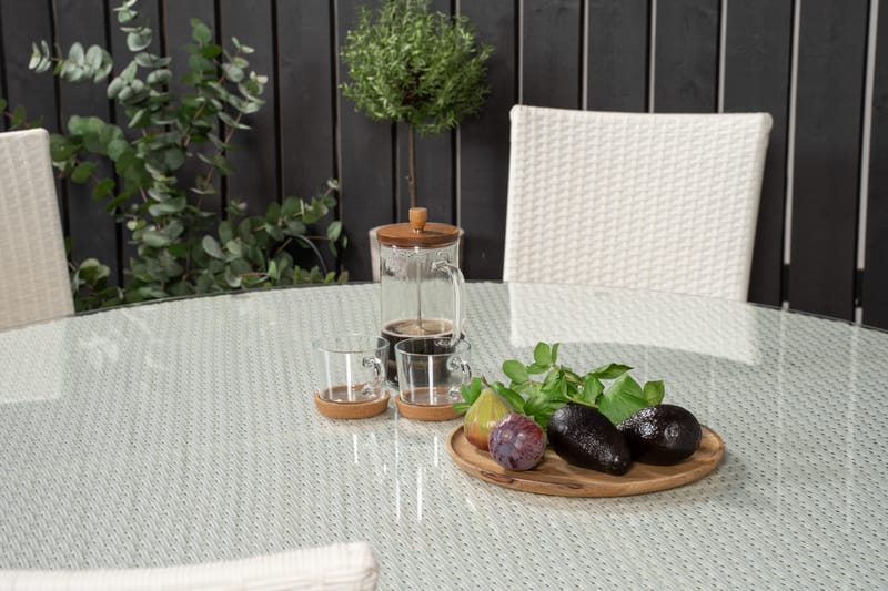 Volta Matgrupp Utomhus Rund Ø150cm + 6 Anna Karmstolar - Glas/Vit - Utemöbler - Utegrupp - Matgrupp utomhus
