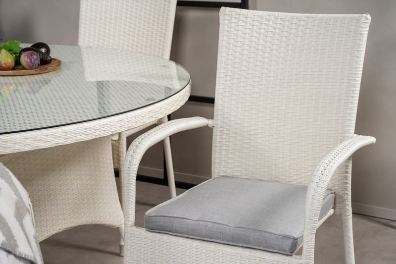 Volta Matgrupp Utomhus Rund Ø150cm + 6 Anna Karmstolar - Glas/Vit - Utemöbler - Utegrupp - Matgrupp utomhus