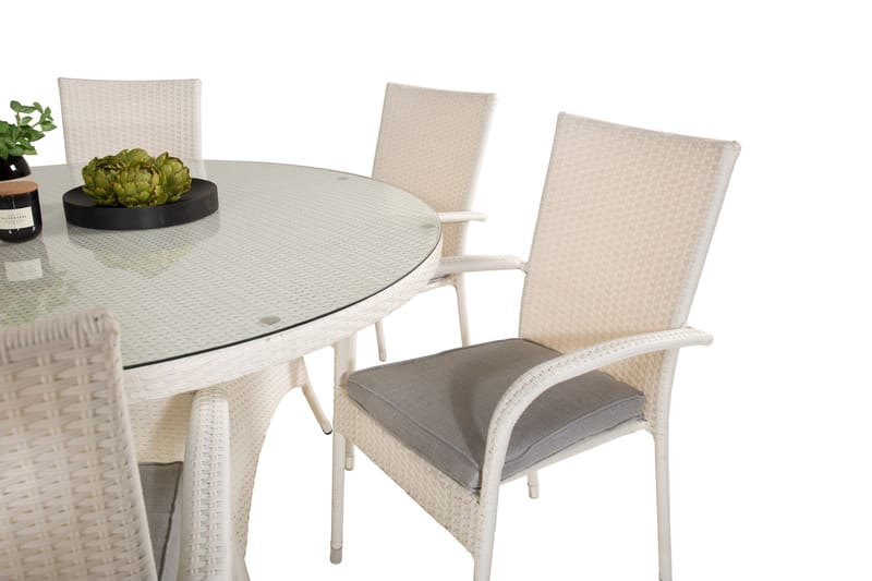 Volta Matgrupp Utomhus Rund Ø150cm + 6 Anna Karmstolar - Glas/Vit - Utemöbler - Utegrupp - Matgrupp utomhus