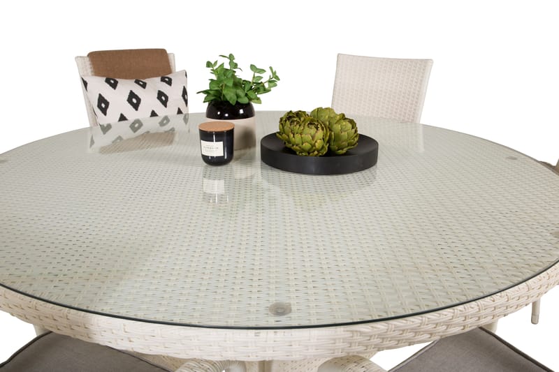 Volta Matgrupp Utomhus Rund Ø150cm + 6 Anna Karmstolar - Glas/Vit - Utemöbler - Utegrupp - Matgrupp utomhus