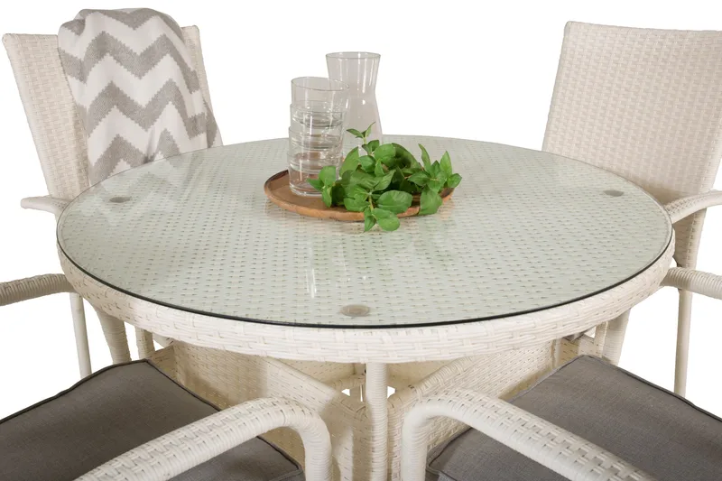 Volta Matgrupp Utomhus Rund Ø90cm + 4 Anna Karmstolar - Glas/Vit - Utemöbler - Utegrupp - Matgrupp utomhus