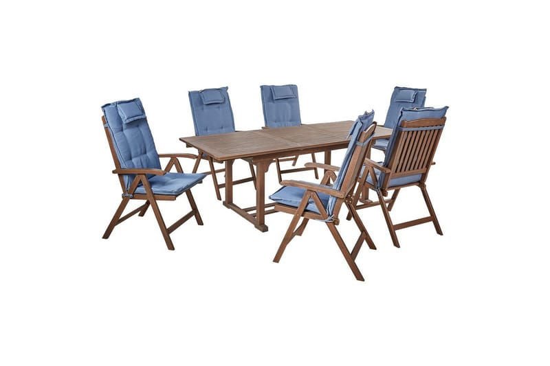 Matsalsset Amantea med kuddar Mörk trä/blå - Mörk trä/blå - Utemöbler - Utegrupp - Matgrupp utomhus