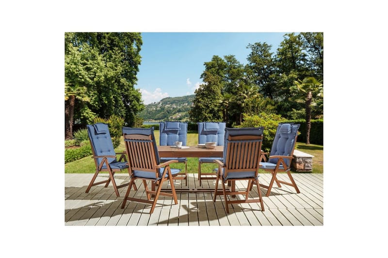 Matsalsset Amantea med kuddar Mörk trä/blå - Mörk trä/blå - Utemöbler - Utegrupp - Matgrupp utomhus