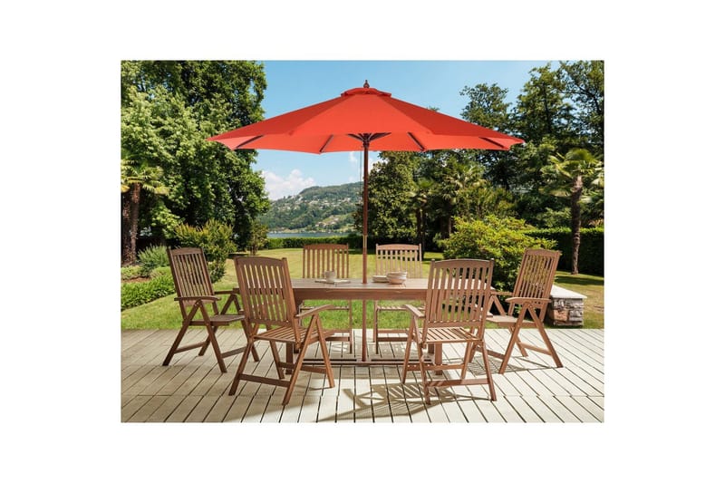 Matsalsset Amantea med parasoll Mörkt trä/rött - Mörkt trä/rött - Utemöbler - Utegrupp - Matgrupp utomhus