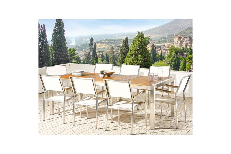 Matsalsset Grosseto Ljus trä/vit/silver, 8-Sits - Ljus trä/vit/silver, 8-Sits - Utemöbler - Utegrupp - Matgrupp utomhus