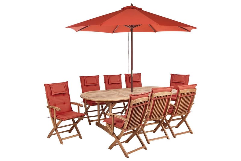 Matsalsset Maui II med parasoll Ljus trä/röd, 8-Sits - Ljus trä/röd, 8-Sits - Utemöbler - Utegrupp - Matgrupp utomhus