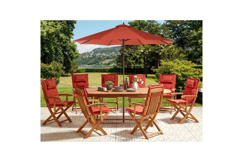 Matsalsset Maui II med parasoll Ljus trä/röd, 8-Sits - Ljus trä/röd, 8-Sits - Utemöbler - Utegrupp - Matgrupp utomhus
