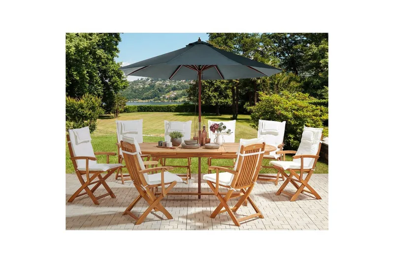 Matsalsset Maui II med parasoll Ljus trä/Off-white/grå, 8-Sits - Ljus trä/Off-white/grå, 8-Sits - Utemöbler - Utegrupp - Matgrupp utomhus