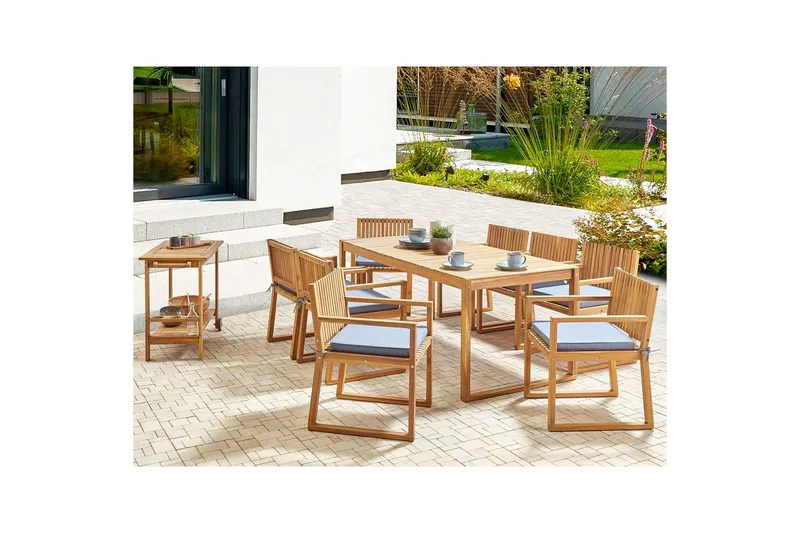 Matsalsset Sassari II med kuddar Ljus trä/blå - Ljus trä/blå - Utemöbler - Utegrupp - Matgrupp utomhus