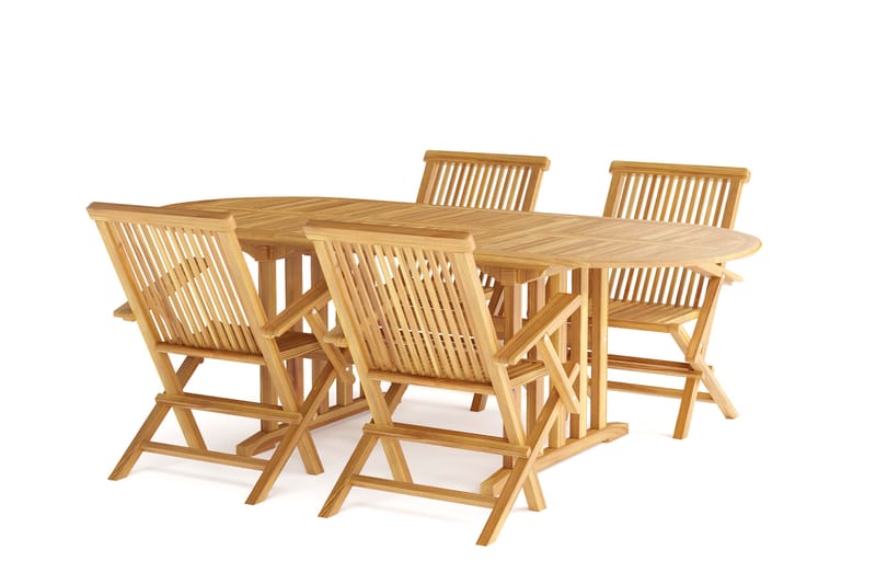 Menorca Liten Matgrupp Utomhus - Ovalt förlängningbart utebord med 4 Karmstolar i trä - Teak / Natur - Utemöbler - Utegrupp - Matgrupp utomhus