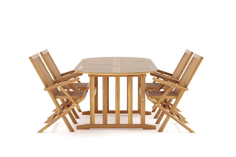 Menorca Liten Matgrupp Utomhus - Ovalt förlängningbart utebord med 4 Karmstolar i trä - Teak / Natur - Utemöbler - Utegrupp - Matgrupp utomhus