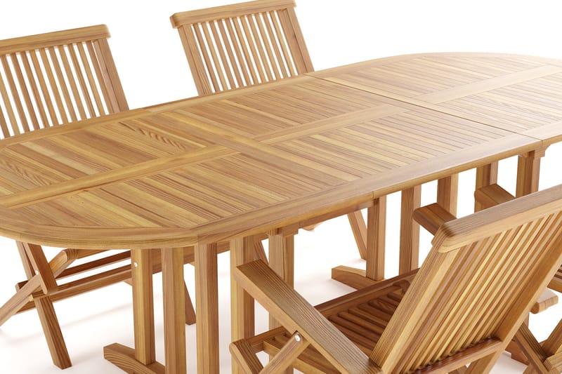 Menorca Liten Matgrupp Utomhus - Ovalt förlängningbart utebord med 4 Karmstolar i trä - Teak / Natur - Utemöbler - Utegrupp - Matgrupp utomhus