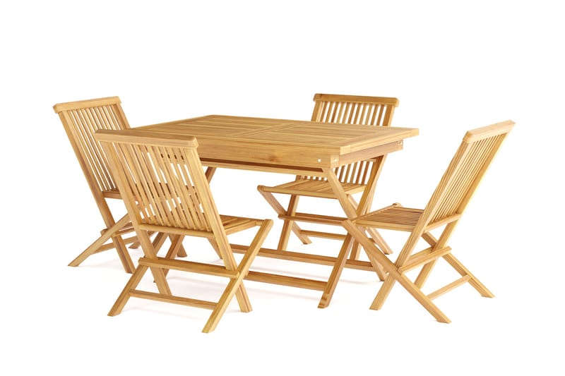 Menorca Liten Matgrupp Utomhus - Rektangulärt matbord i trä med 4 Matstolar - Teak / Natur - Utemöbler - Utegrupp - Matgrupp utomhus