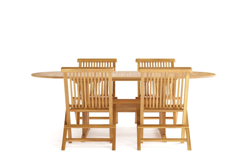 Menorca Liten Oval Matgrupp Utomhus - Förlängningsbart matbord med 4 Matstolar i trä - Teak / Natur - Utemöbler - Utegrupp - Matgrupp utomhus