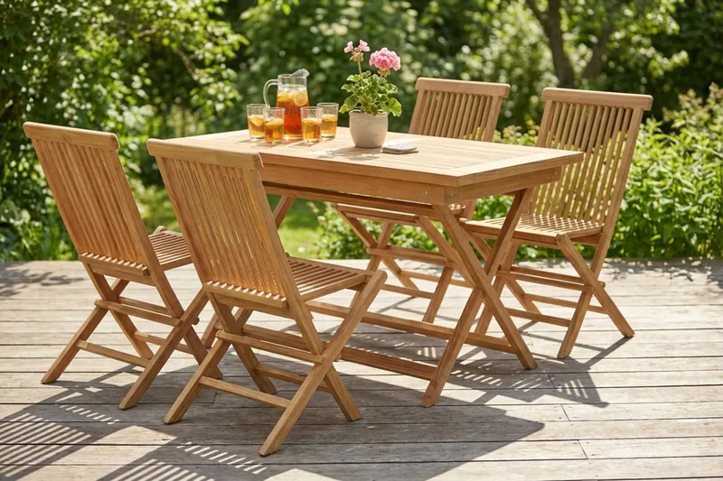 Menorca Matgrupp Utomhus 120 cm Rektangulärt i trä med 4 Fällbara teakstolar - Natur - Utemöbler - Utegrupp - Matgrupp utomhus