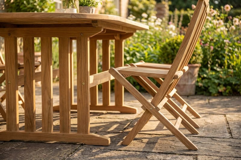 Menorca Matgrupp Utomhus 150-210 cm Ovalt Förlängningsbart i trä med 6 Fällbara teakstolar - Natur - Utemöbler - Utegrupp - Matgrupp utomhus