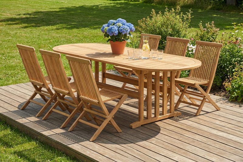 Menorca Matgrupp Utomhus 150-210 cm Ovalt Förlängningsbart i trä med 6 Fällbara teakstolar - Natur - Utemöbler - Utegrupp - Matgrupp utomhus
