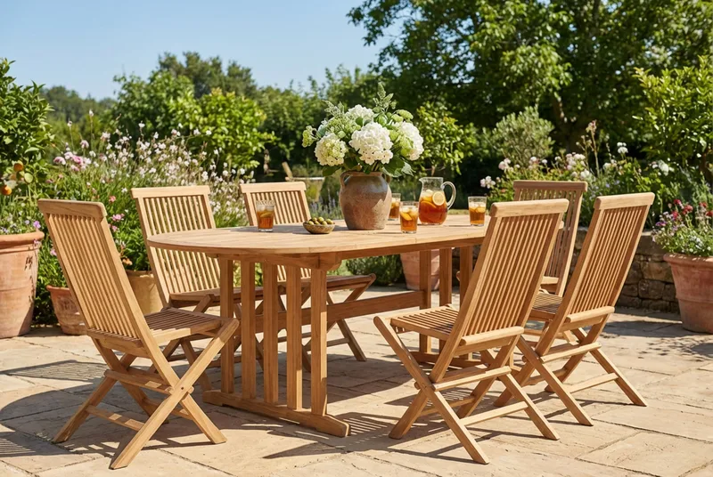 Menorca Matgrupp Utomhus 180-240 cm Ovalt Förlängningsbart i trä med 6 Fällbara teakstolar - Natur - Utemöbler - Utegrupp - Matgrupp utomhus