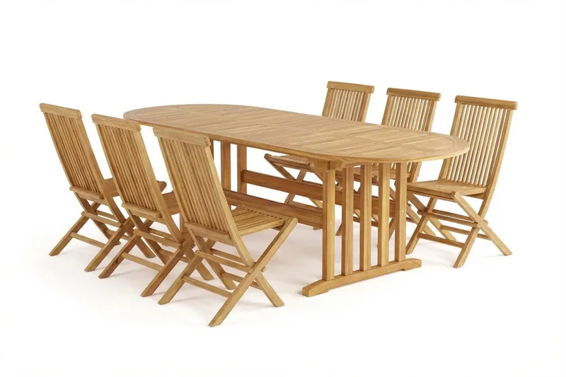Menorca Matgrupp Utomhus 180-240 cm Ovalt Förlängningsbart i trä med 6 Fällbara teakstolar, Natur