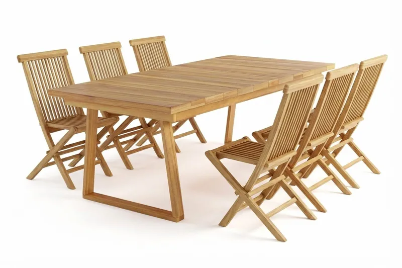 Menorca Matgrupp Utomhus 180 cm Rektangulärt i trä med 6 Fällbara teakstolar, Natur