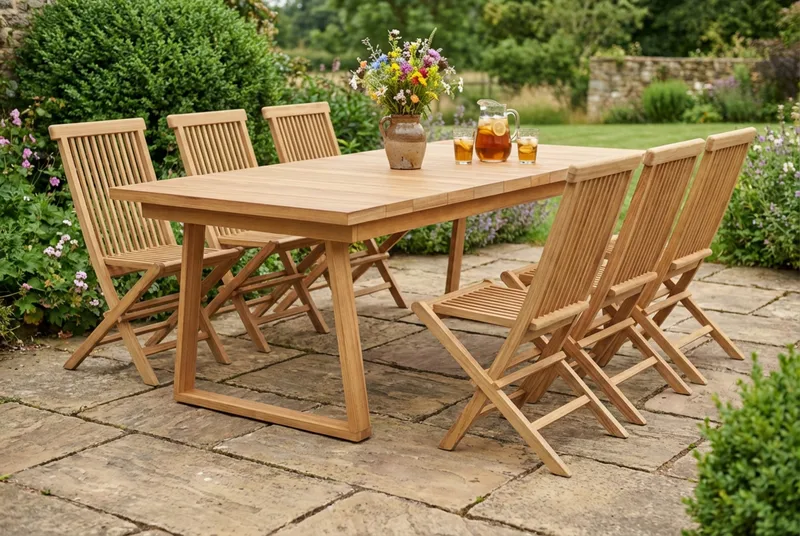 Menorca Matgrupp Utomhus 180 cm Rektangulärt i trä med 6 Fällbara teakstolar - Natur - Utemöbler - Utegrupp - Matgrupp utomhus