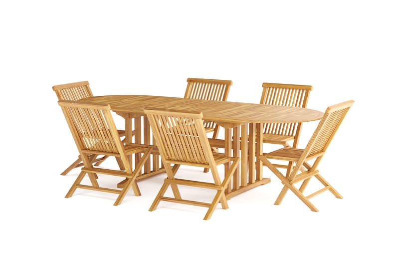 Menorca Stor Matgrupp Utomhus - Förlängningsbart ovalt utebord med 6 Matstolar i trä - Teak / Natur - Utemöbler - Utegrupp - Matgrupp utomhus